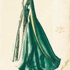 Illustrated woman in elegant green and white dress with golden embellishments and stars amidst swirls and orbs