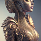 Digital artwork: Woman adorned in metallic gold armor with intricate patterns
