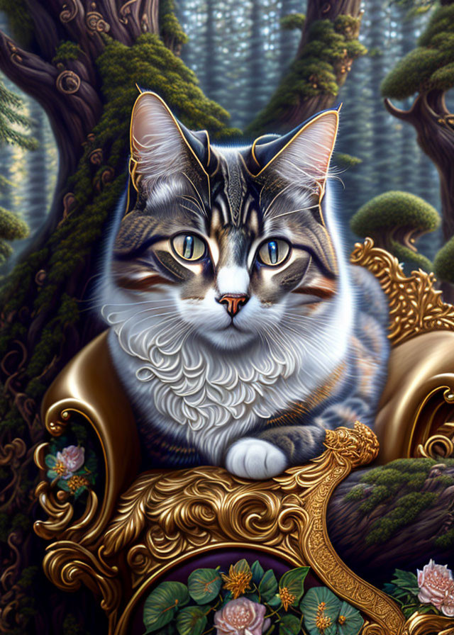 Detailed Tabby Cat Illustration on Golden Chair in Mystical Forest