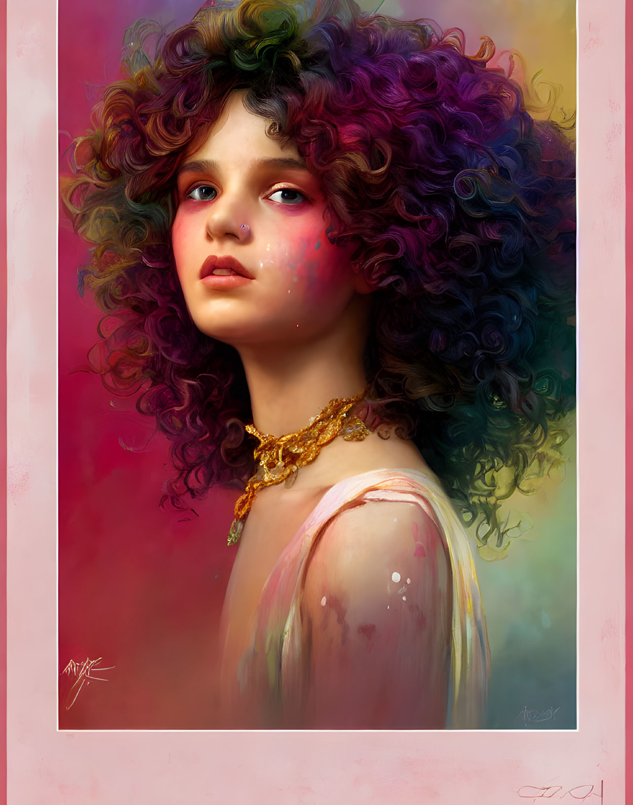 Colorful portrait of a person with curly, multi-colored hair and golden necklace against warm gradient.