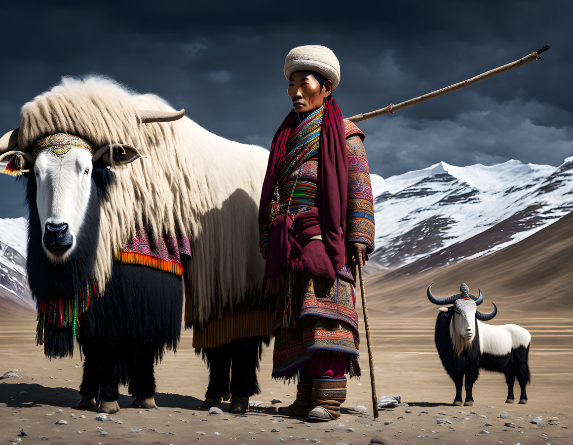 Person in traditional attire with yak-like animals and snow-capped mountains.