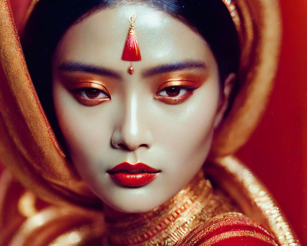 Close-Up Portrait of Person with Dramatic Red and Golden Makeup