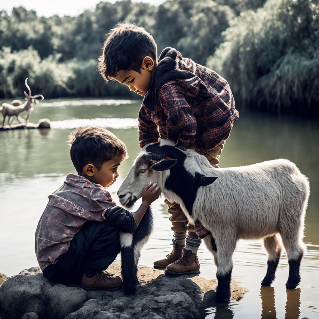Children and goat by water's edge in tranquil setting