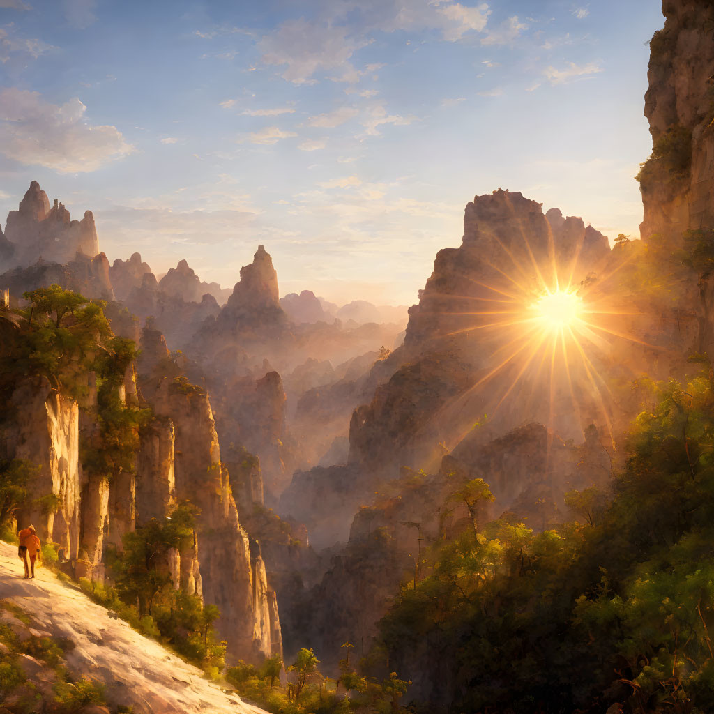 Majestic mountain landscape at sunset with glowing peaks and solitary figure