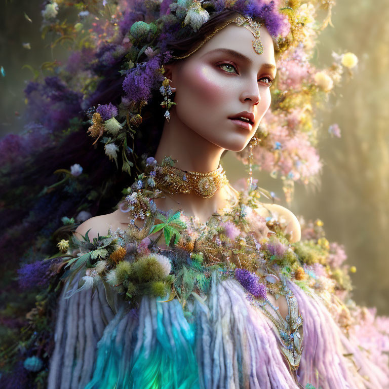 Fantasy portrait of woman with lush flowers and foliage in ethereal ambiance