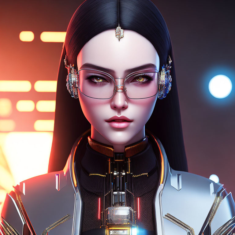 Futuristic female character with black hair, reflective glasses, high-tech earrings, and glowing suit