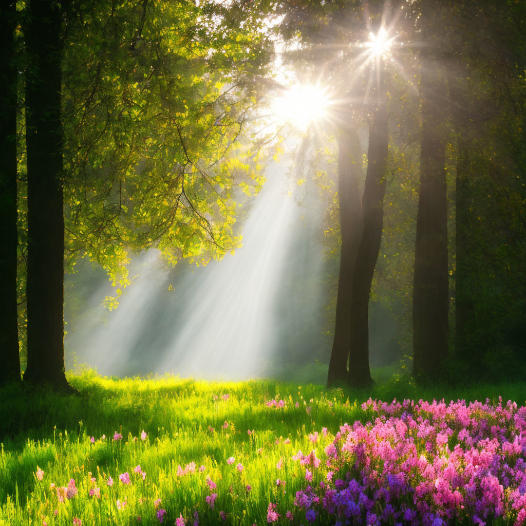 Vibrant forest with sunbeams, purple flowers, and green meadow