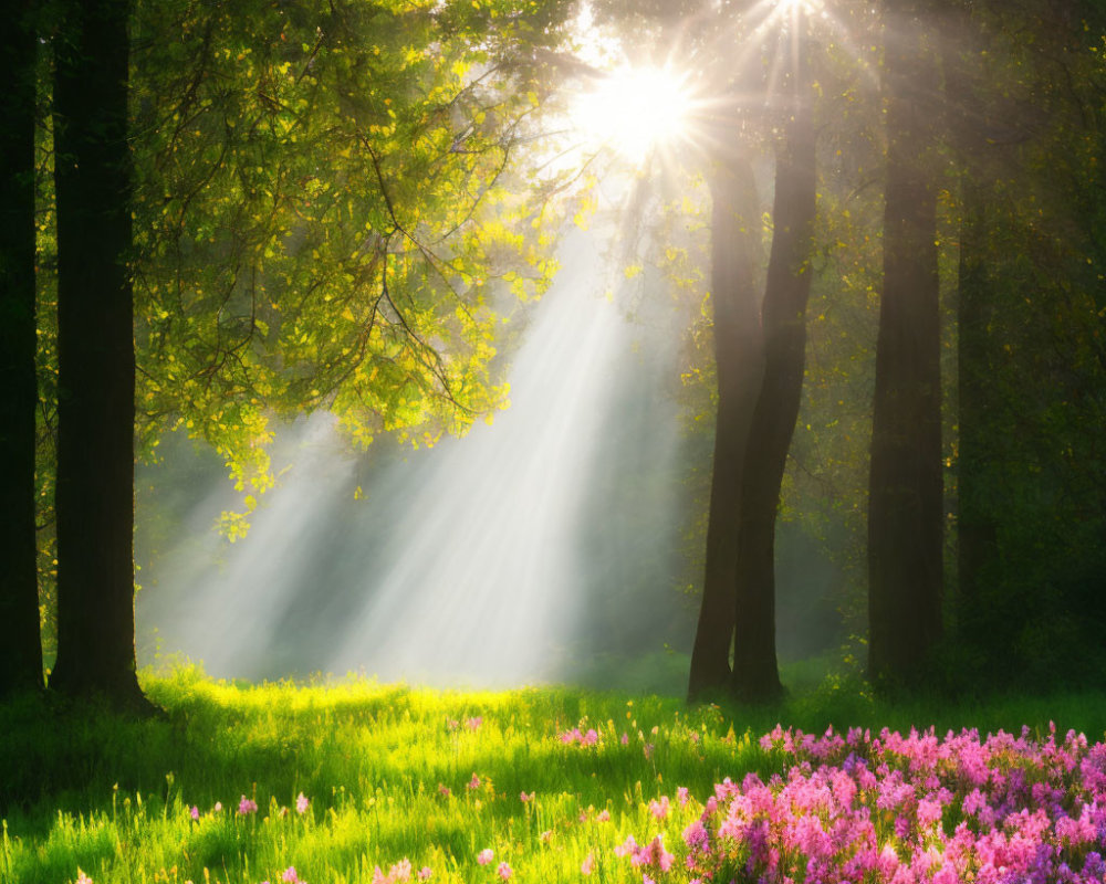 Vibrant forest with sunbeams, purple flowers, and green meadow