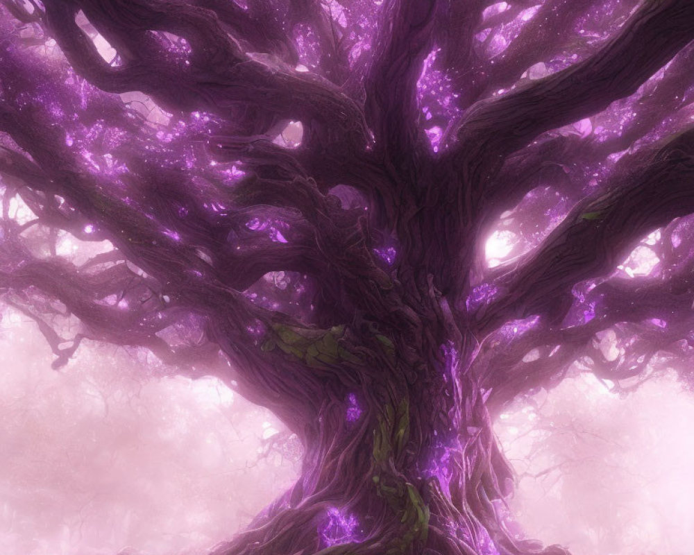 Mystical large tree with glowing purple foliage in misty landscape