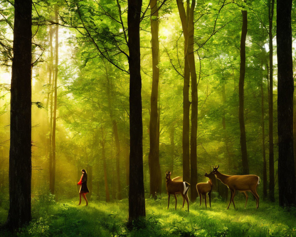 Tranquil forest scene with person and deer in sunlight
