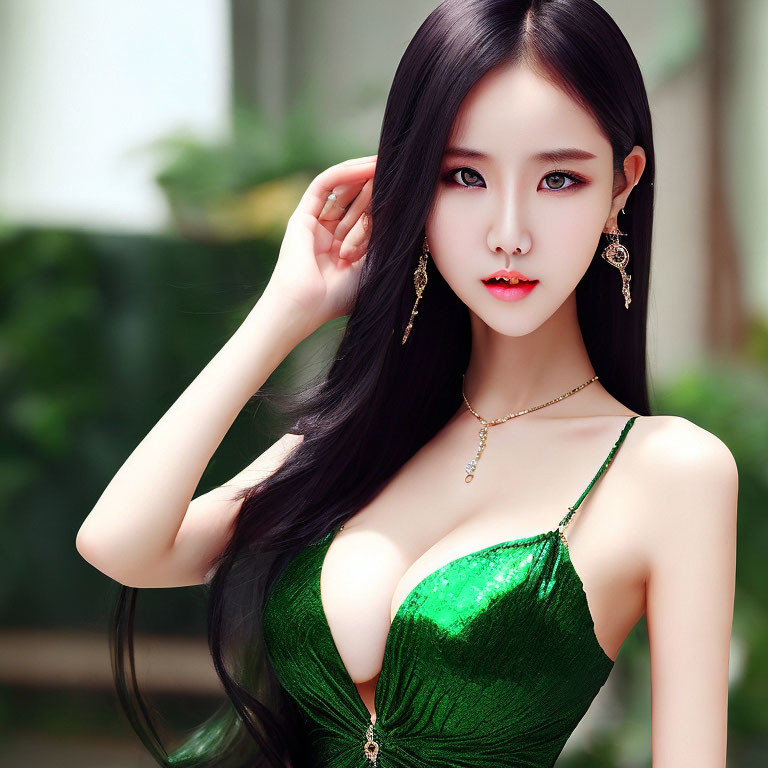 Long-haired woman in green dress with gold jewelry posing elegantly.