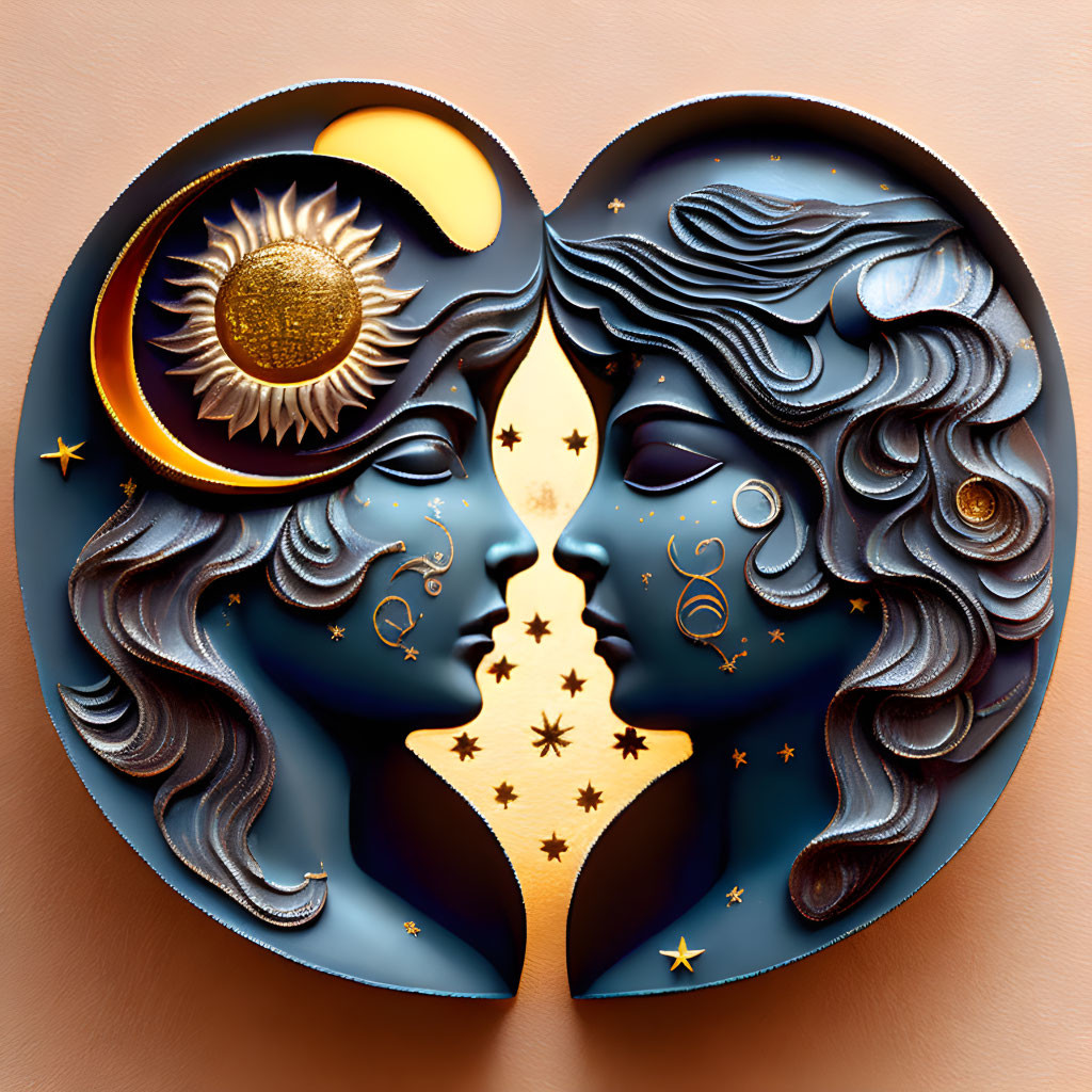 Dual profile faces form heart shape with celestial elements in cosmic theme