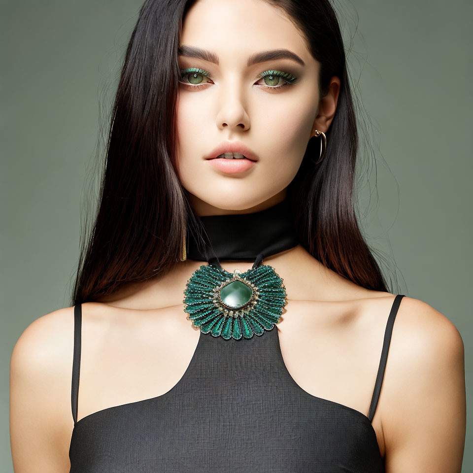 Dark-haired woman in black top with green necklace and hoop earrings on green background.