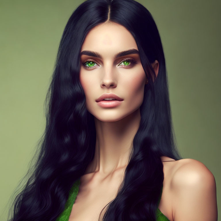Portrait of Woman with Long Black Hair and Striking Green Eyes in Green Outfit