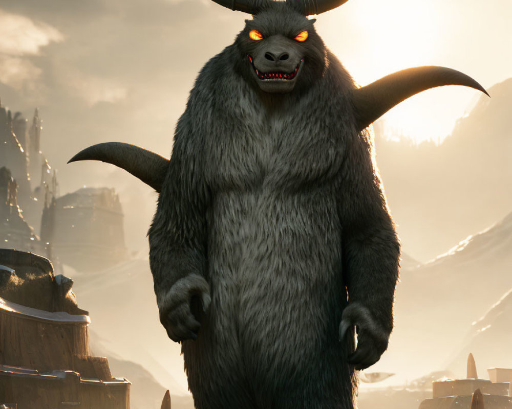 Menacing animated creature with large horns and sly grin against dramatic sunset.
