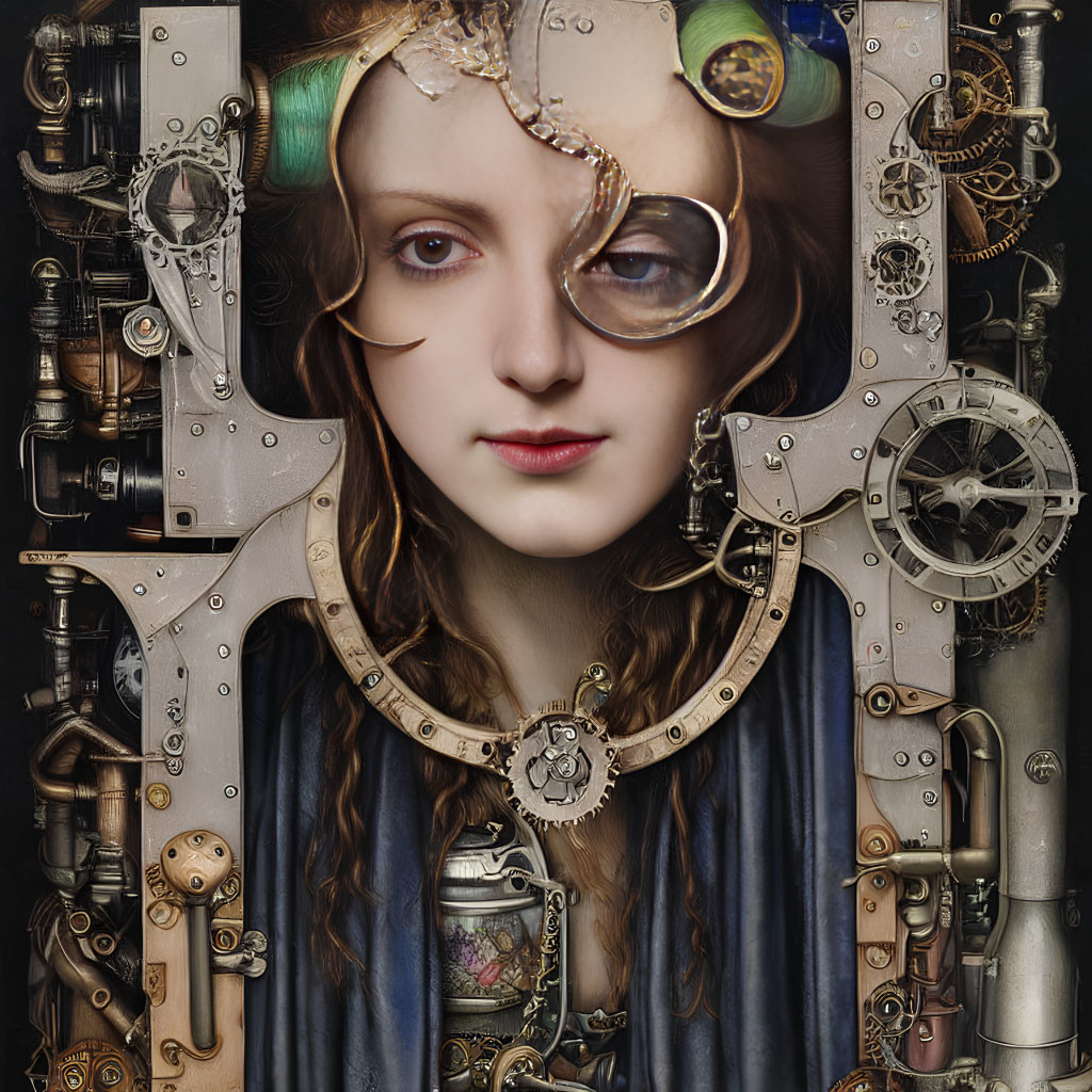 Surreal portrait of woman fused with steampunk machinery
