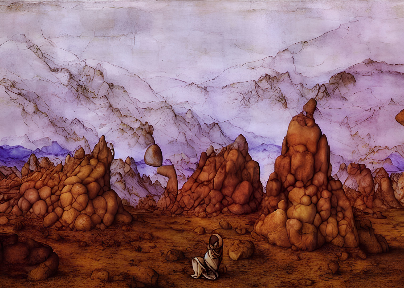 Surreal landscape with rocky formations and seated figure under sky with orbs and mountains