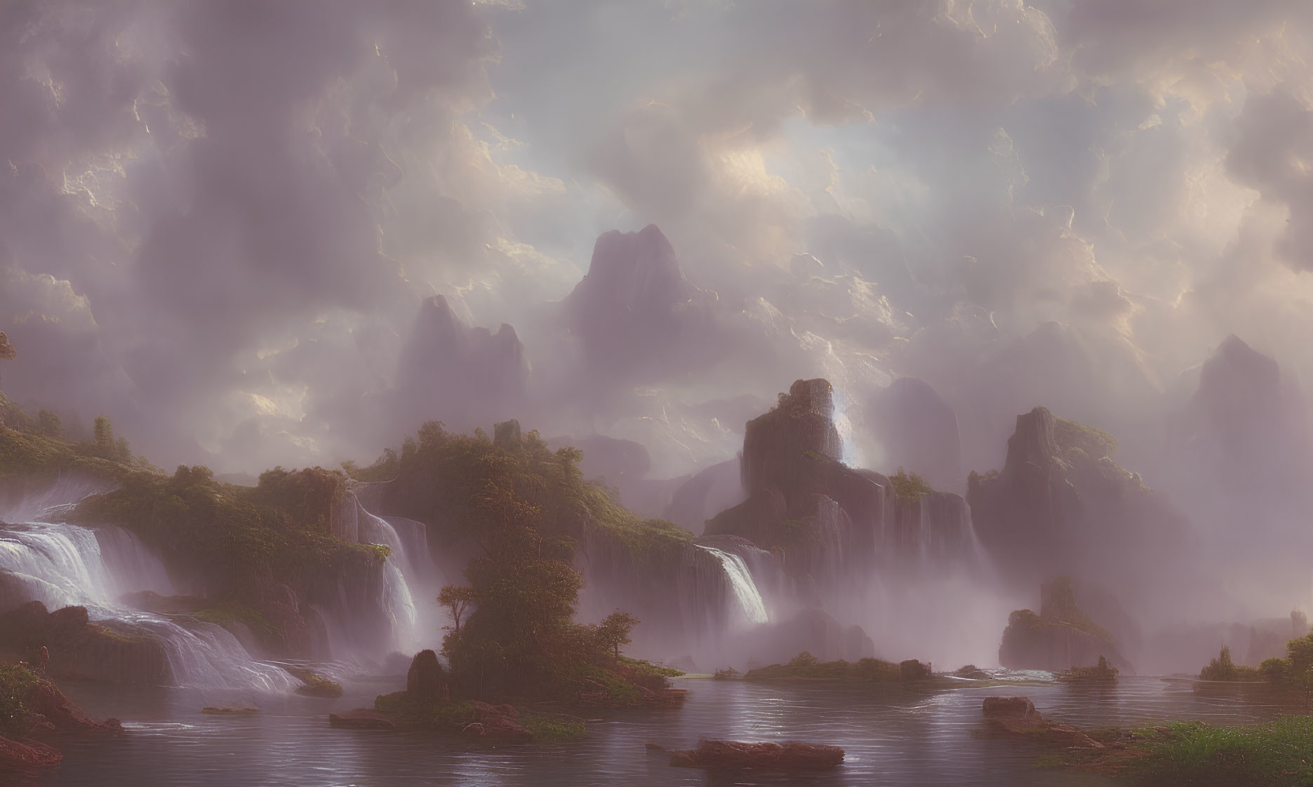 Tranquil landscape with waterfalls, river, peaks, and hazy sky