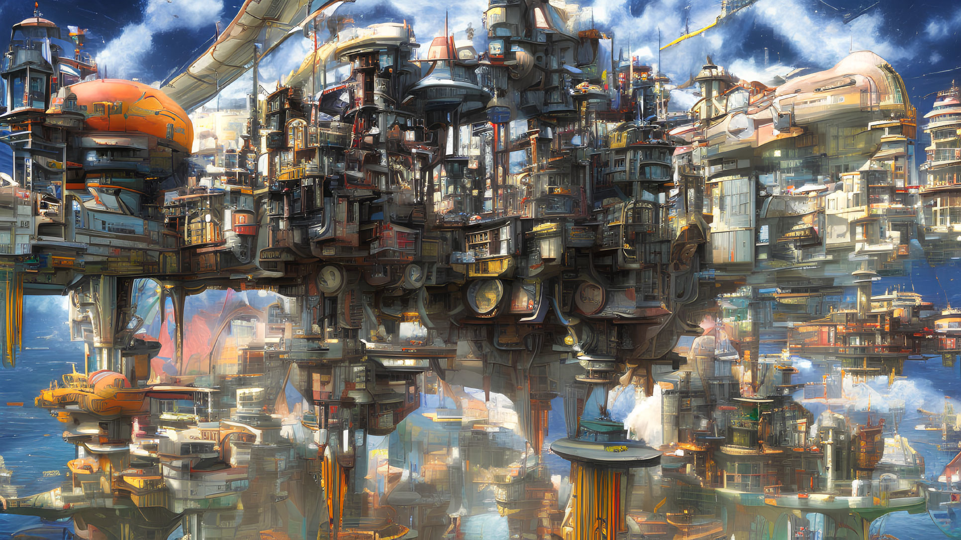 Futuristic cityscape with towering structures and advanced technology reflected on water