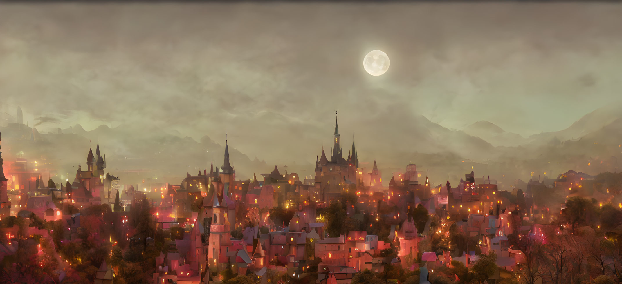 Fantasy cityscape panorama at twilight with moon, mist, and spires