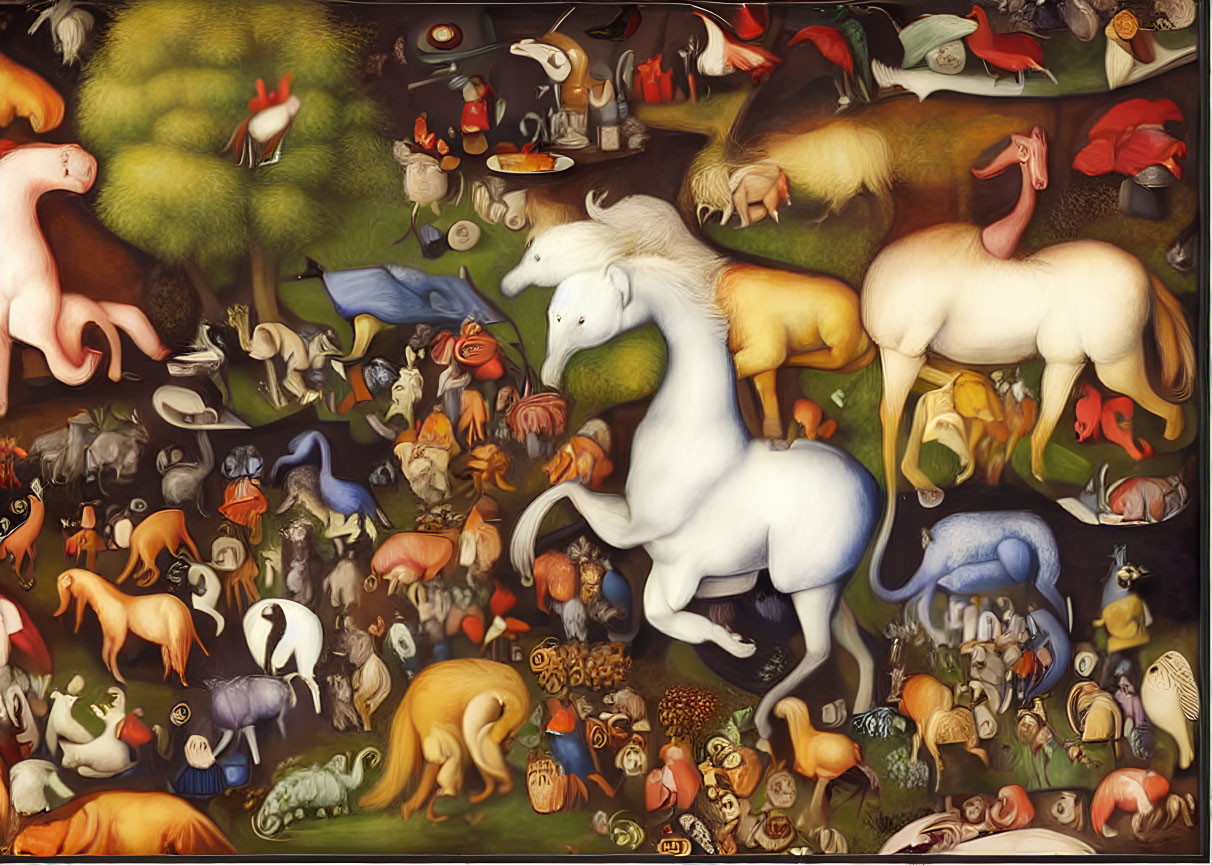 Surreal painting: White unicorn among whimsical animals & objects