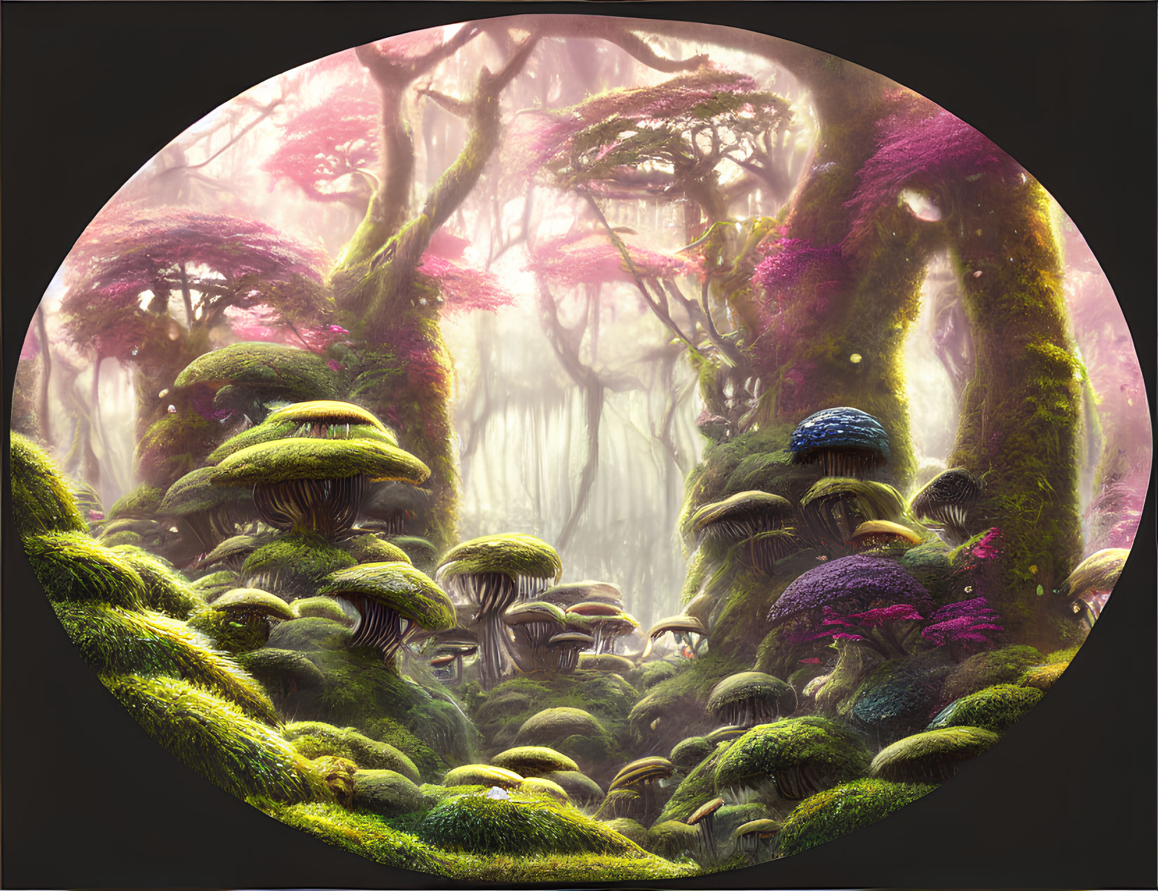 Enchanting forest with giant mushrooms and misty pink light.