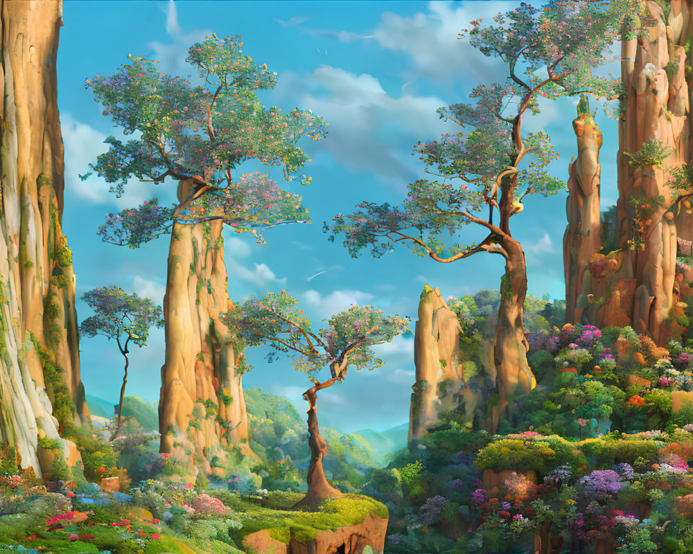 Lush forest with towering trees and colorful flowers