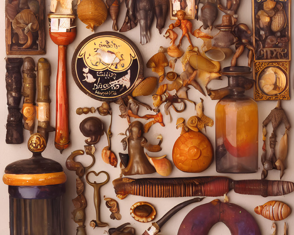 Assorted antique objects: sculptures, tools, containers, instruments exhibited neatly.