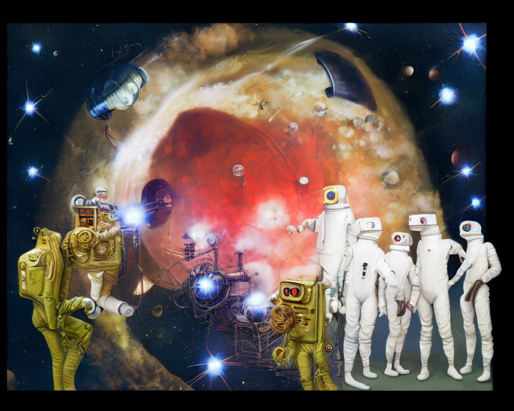 Surrealist space scene with astronauts, robots, ships, stars, and nebula