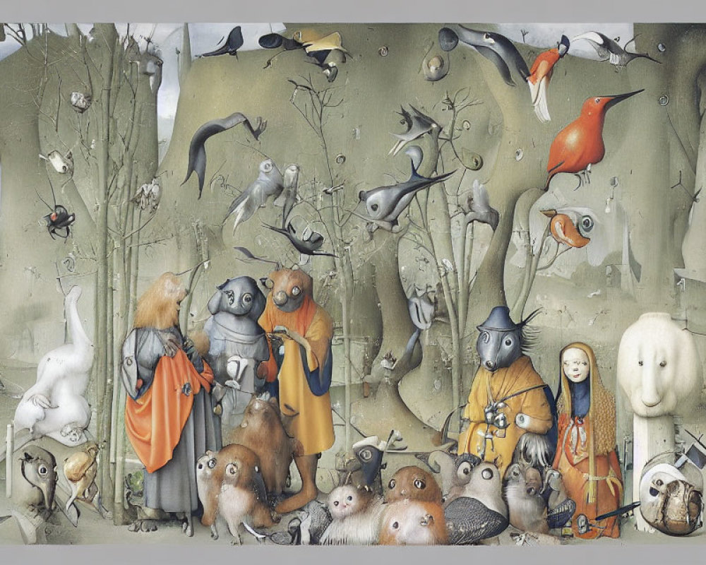 Surreal Artwork: Anthropomorphic Animals in Robes, Whimsical Forest