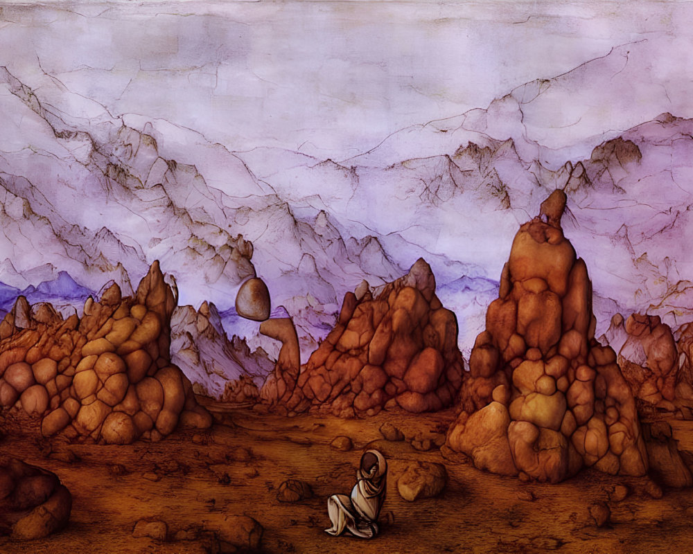 Surreal landscape with rocky formations and seated figure under sky with orbs and mountains