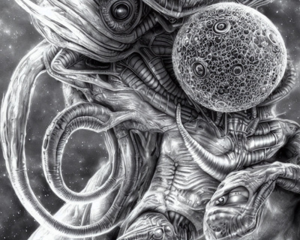 Monochromatic drawing of intricate alien creature with tentacles and large eyes