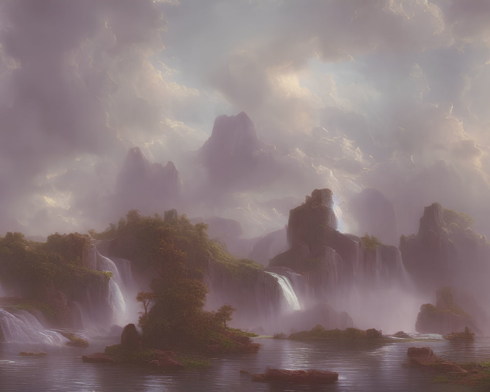 Tranquil landscape with waterfalls, river, peaks, and hazy sky