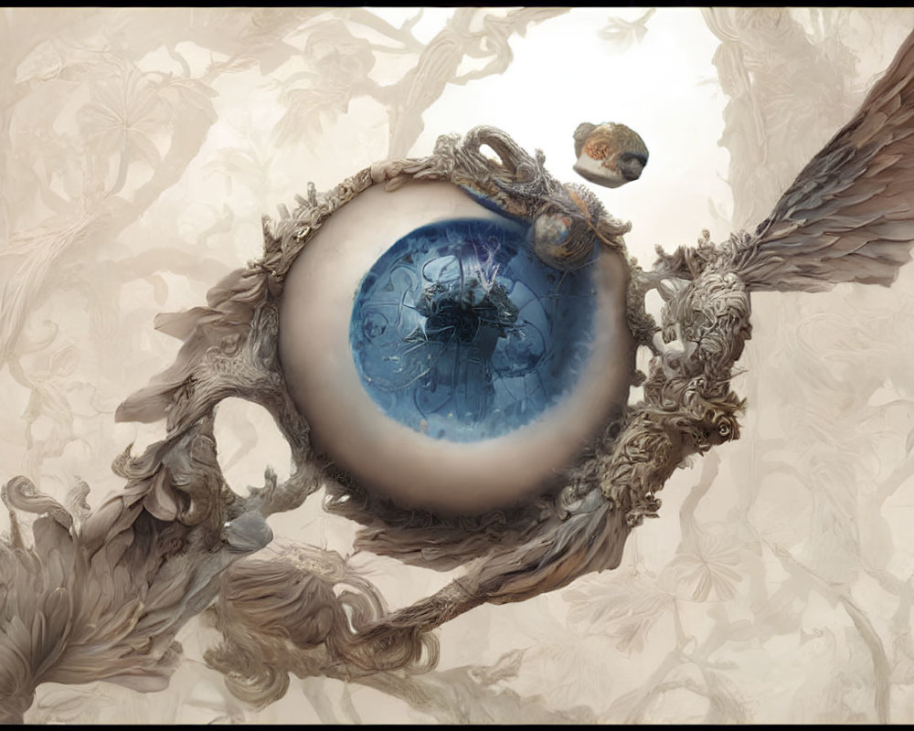 Eye-shaped creature with intricate wings holding a reflective blue sphere with figures inside