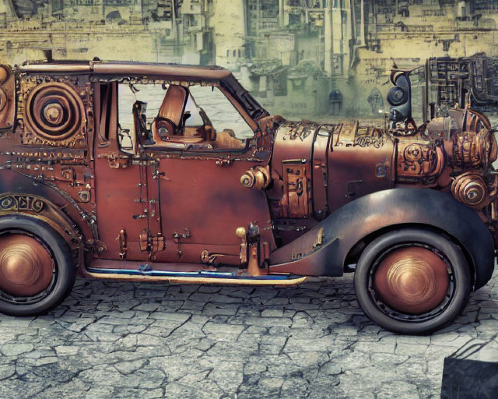Retro-futuristic steampunk vehicle in gritty urban setting