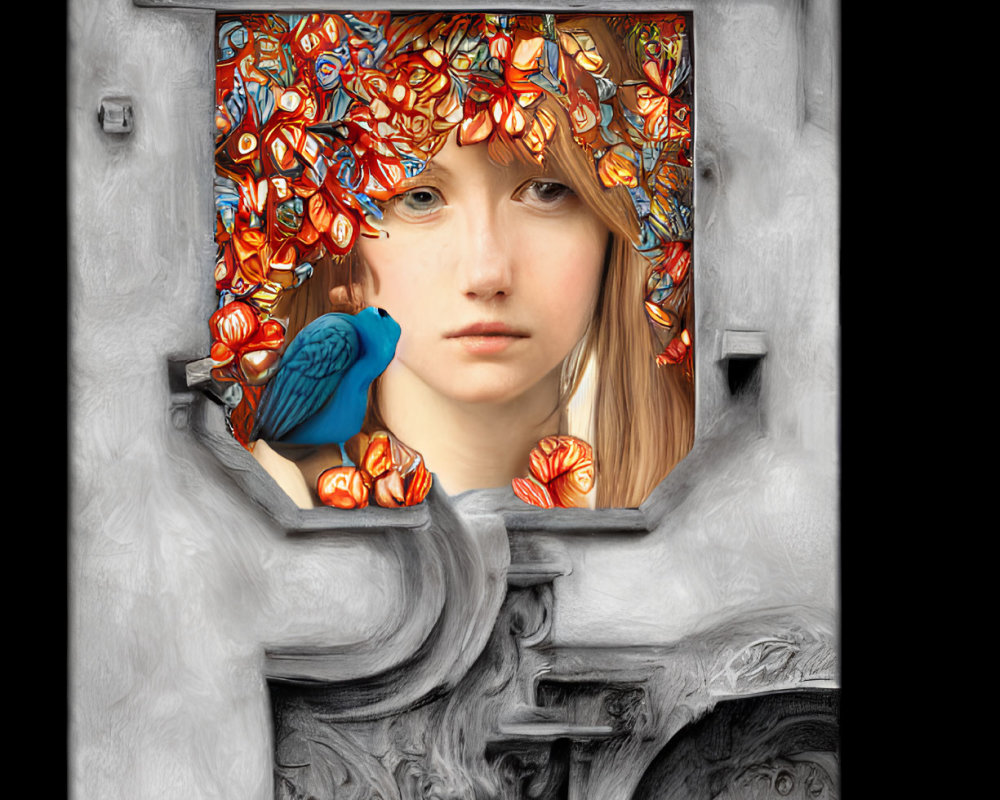 Colorful mosaic window frames woman's face with blue bird perched on sill.