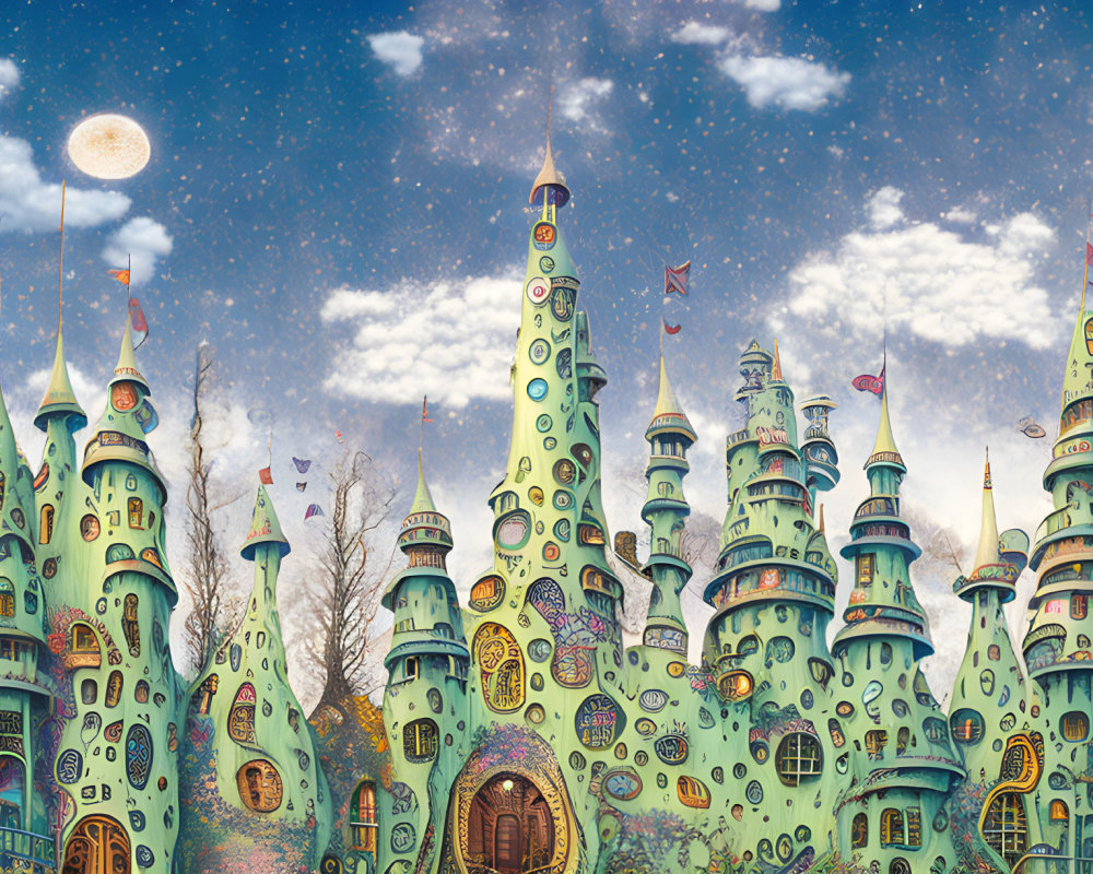 Whimsical multi-turreted castle with eyes, stars, moon, and fluttering flags