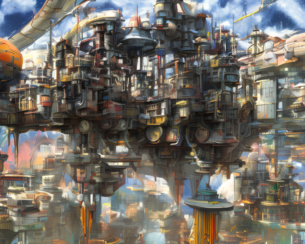 Futuristic cityscape with towering structures and advanced technology reflected on water
