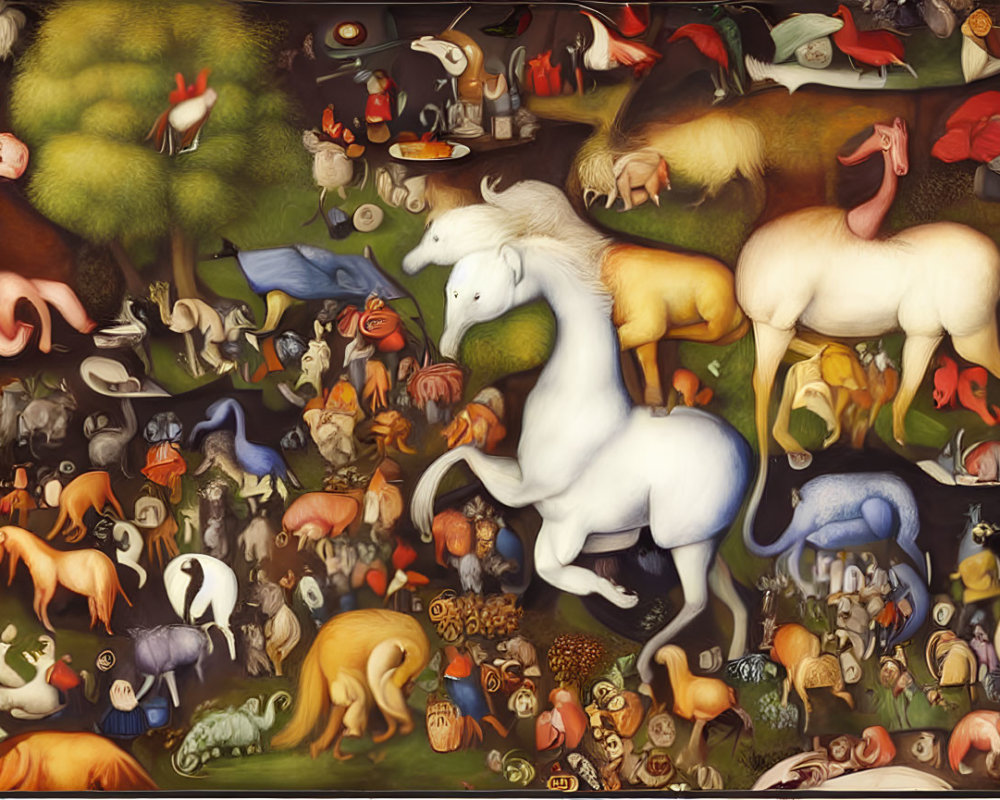 Surreal painting: White unicorn among whimsical animals & objects