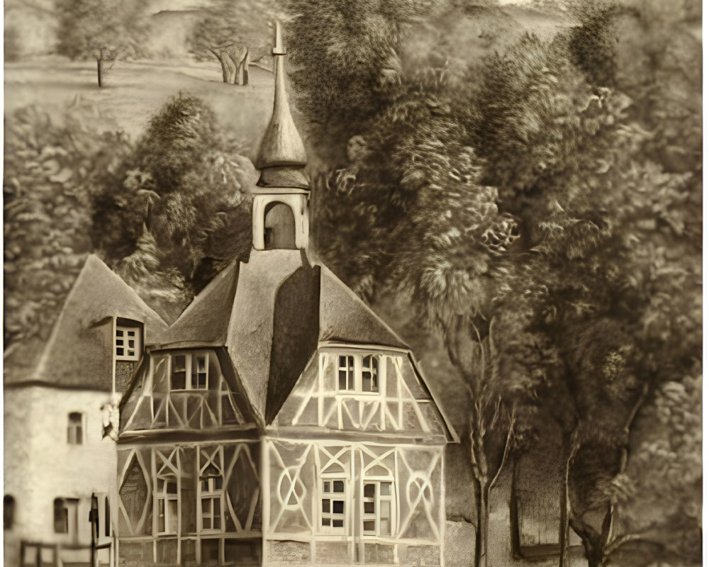 Sepia-Toned Sketch of Quaint Village with Half-Timbered Building