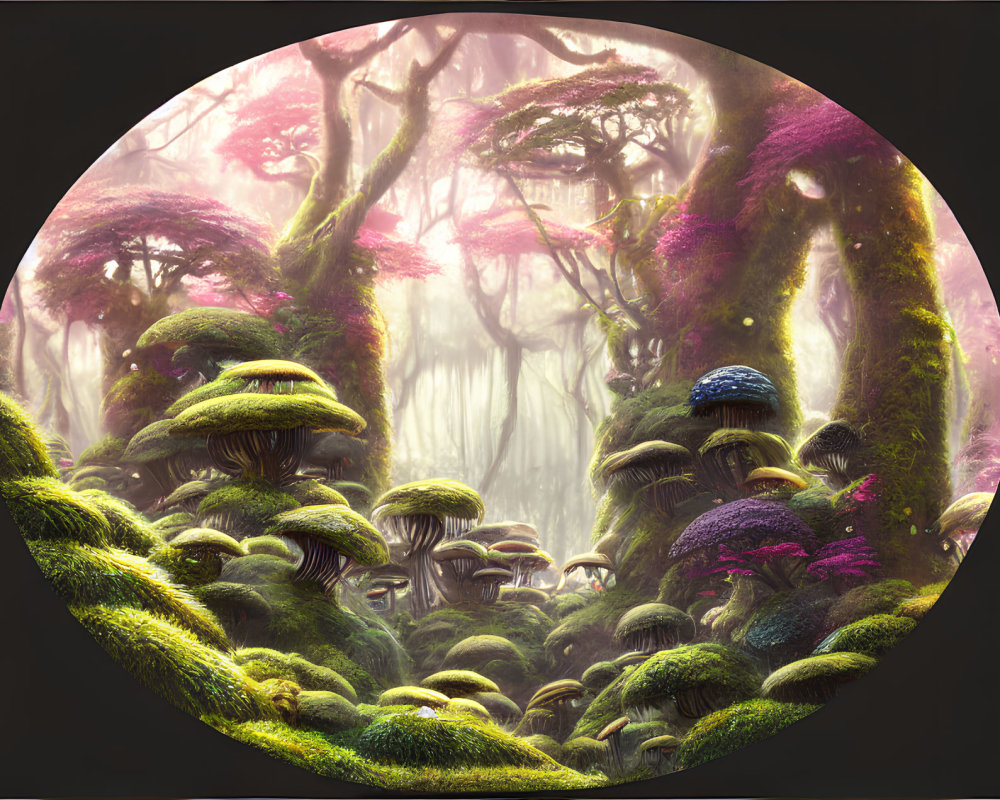 Enchanting forest with giant mushrooms and misty pink light.