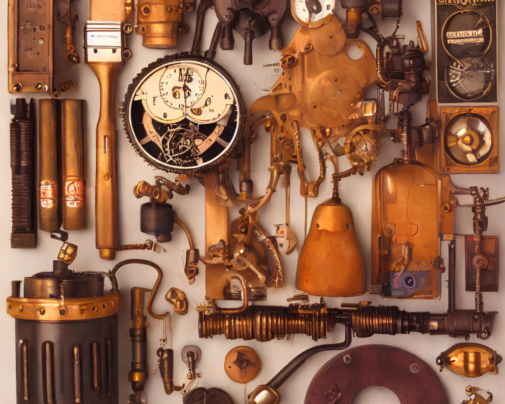 Steampunk-inspired metallic gadgets and machinery components with cogs and vintage finishes on display.