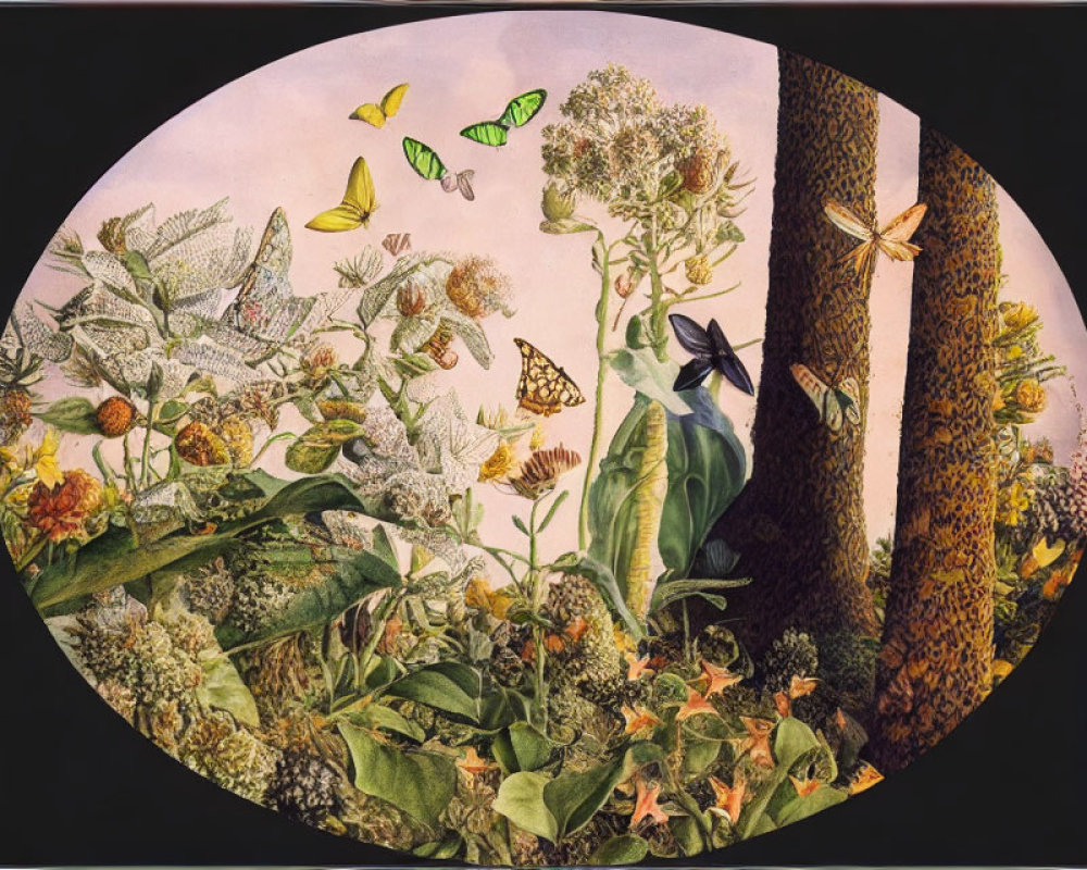 Butterflies and Wildflowers in Oval Frame with Tree Trunks