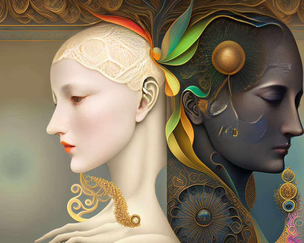 Stylized digital artwork featuring two profile faces, one pale and one metallic, adorned with gold and