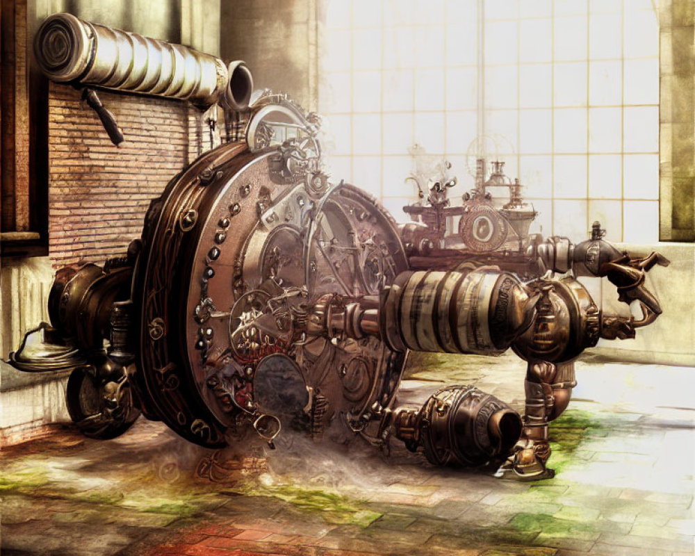 Steampunk-style machine with gears and pipes in steam-filled room