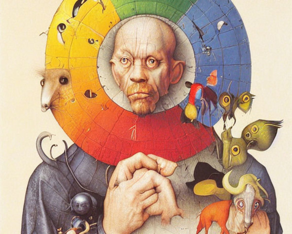 Colorful surreal portrait with wheel-shaped head and animal faces.