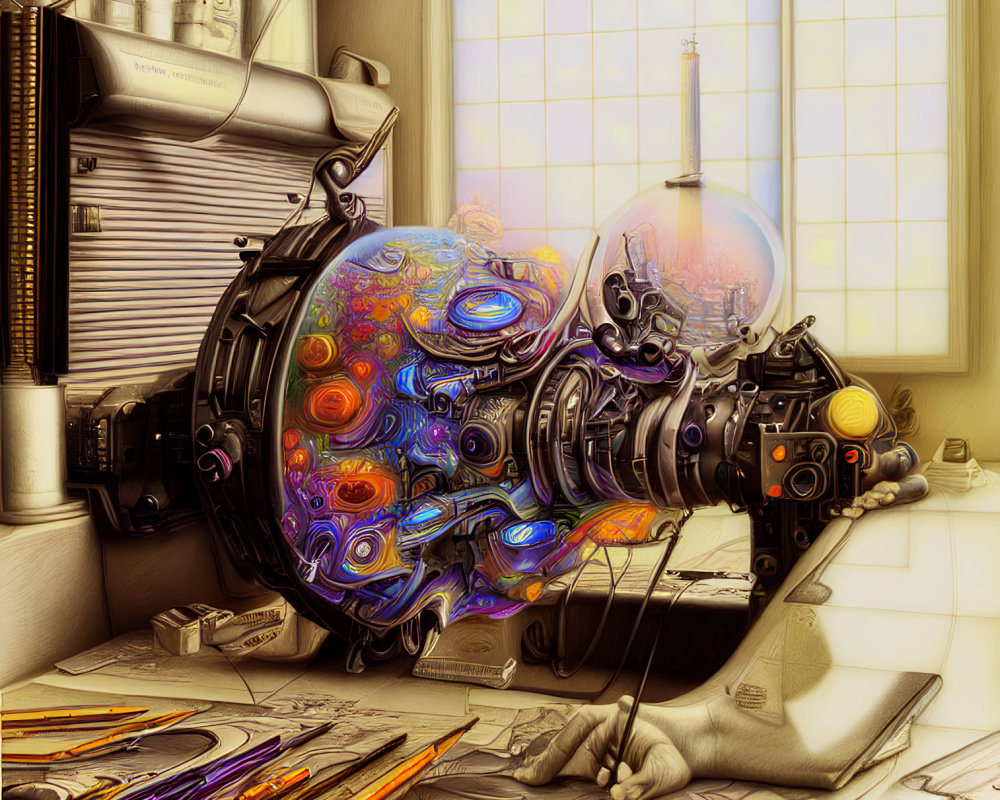 Colorful Mechanical Device with Intricate Gears on Cluttered Desk