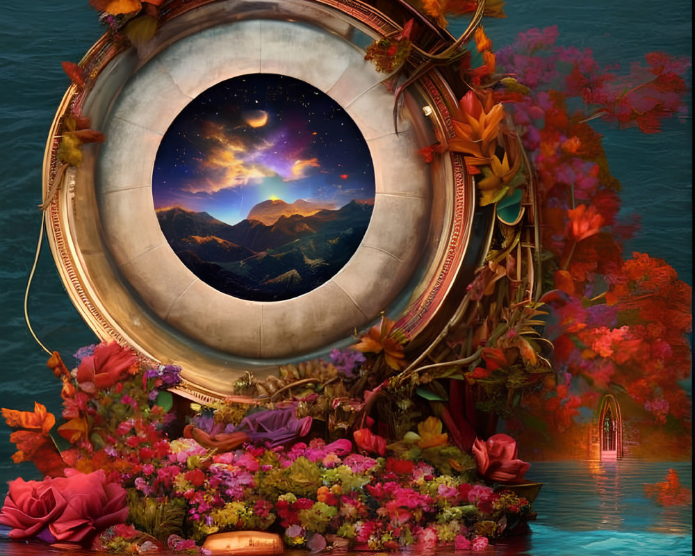 Circular frame of night sky over mountains, surrounded by flowers and foliage with illuminated doorway.