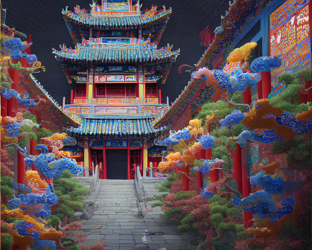 Detailed Chinese Pagoda Illustration with Dragons and Clouds in Vibrant Colors