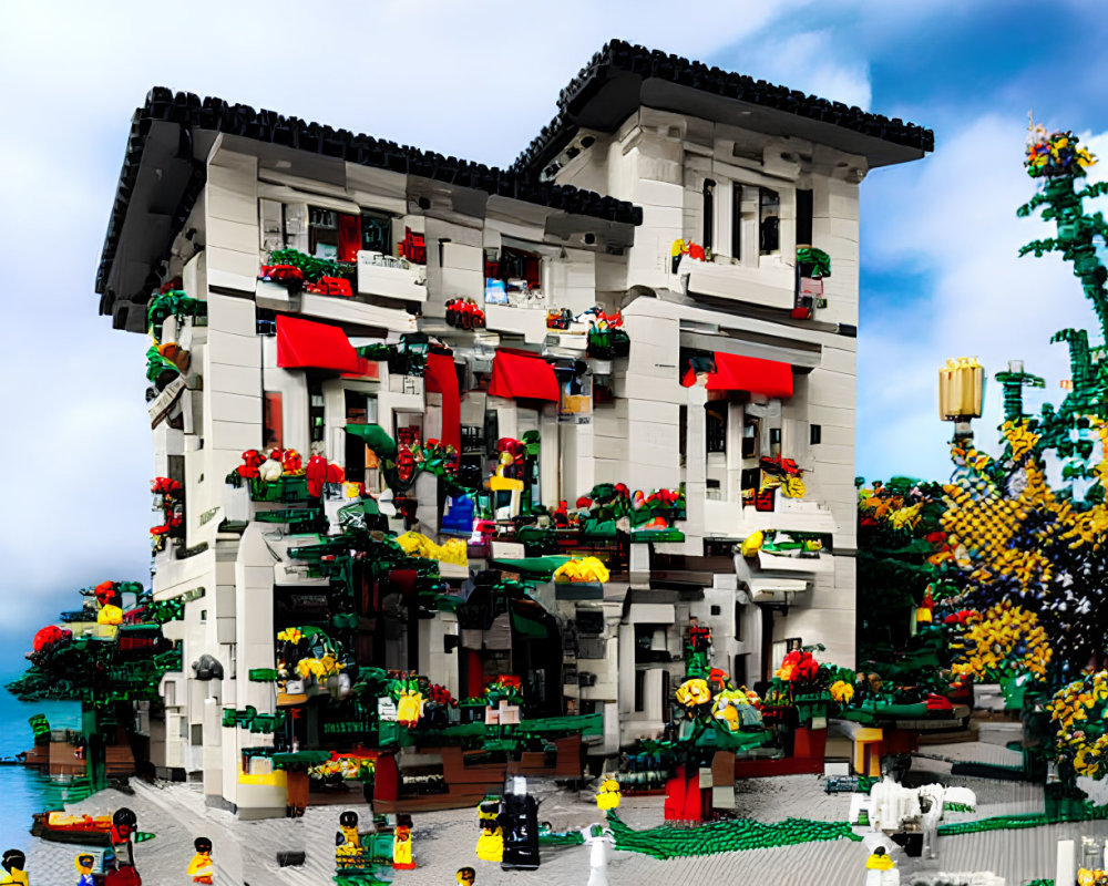Detailed LEGO diorama of multi-story building with plant-adorned balconies & figures in activities